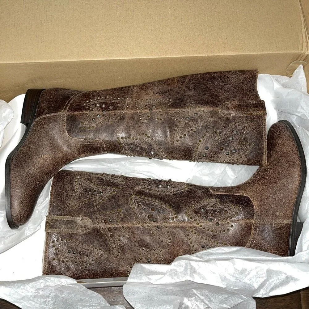 Frye Distressed Leather Pull-on Tall Shaft Studded Boots Cowboy